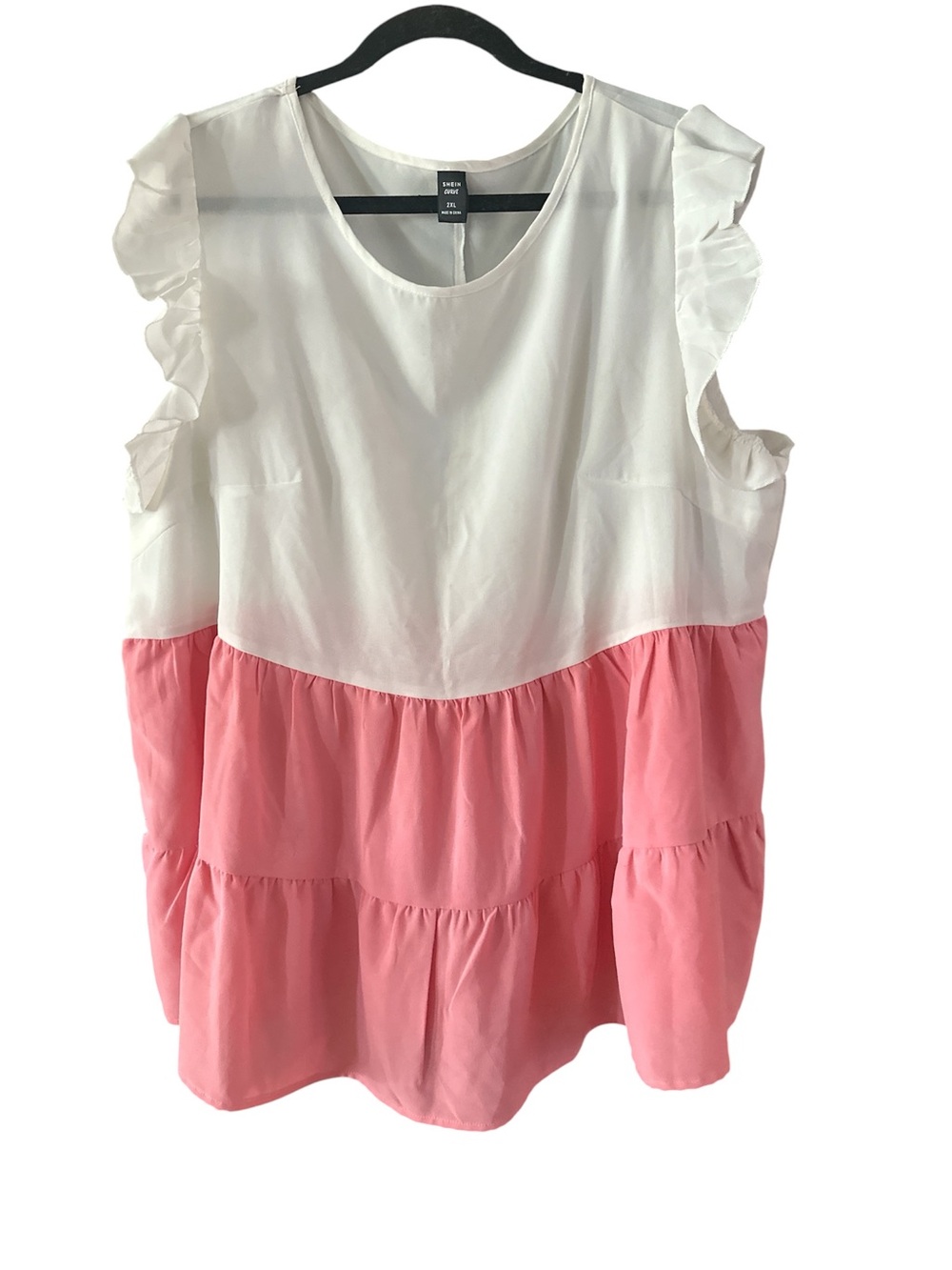 Shein Curve 2XL White and Pink Ruffled Sleeve Colorblock Blouse
